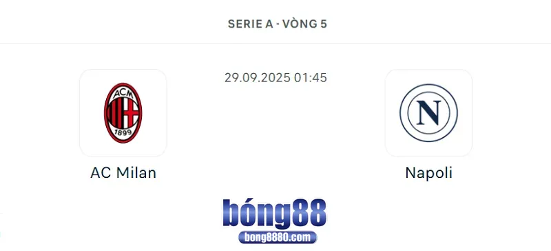 AC Milan vs Napoli vào lúc 1h45 ngày 29/9/2025 - Đại chiến đỉnh cao Serie A