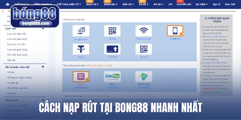 Cách nạp rút tại Bong88 nhanh nhất